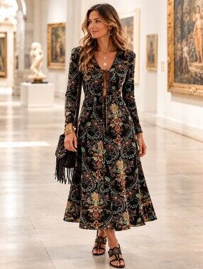 Ecote💐Black Floral BOHO Tie-Front Open to Waist Midi Dress with Stretch Sz M